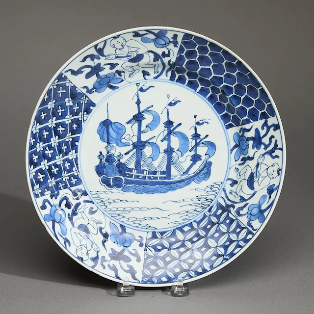 Blue & White Kraak Merchant Ship Plate