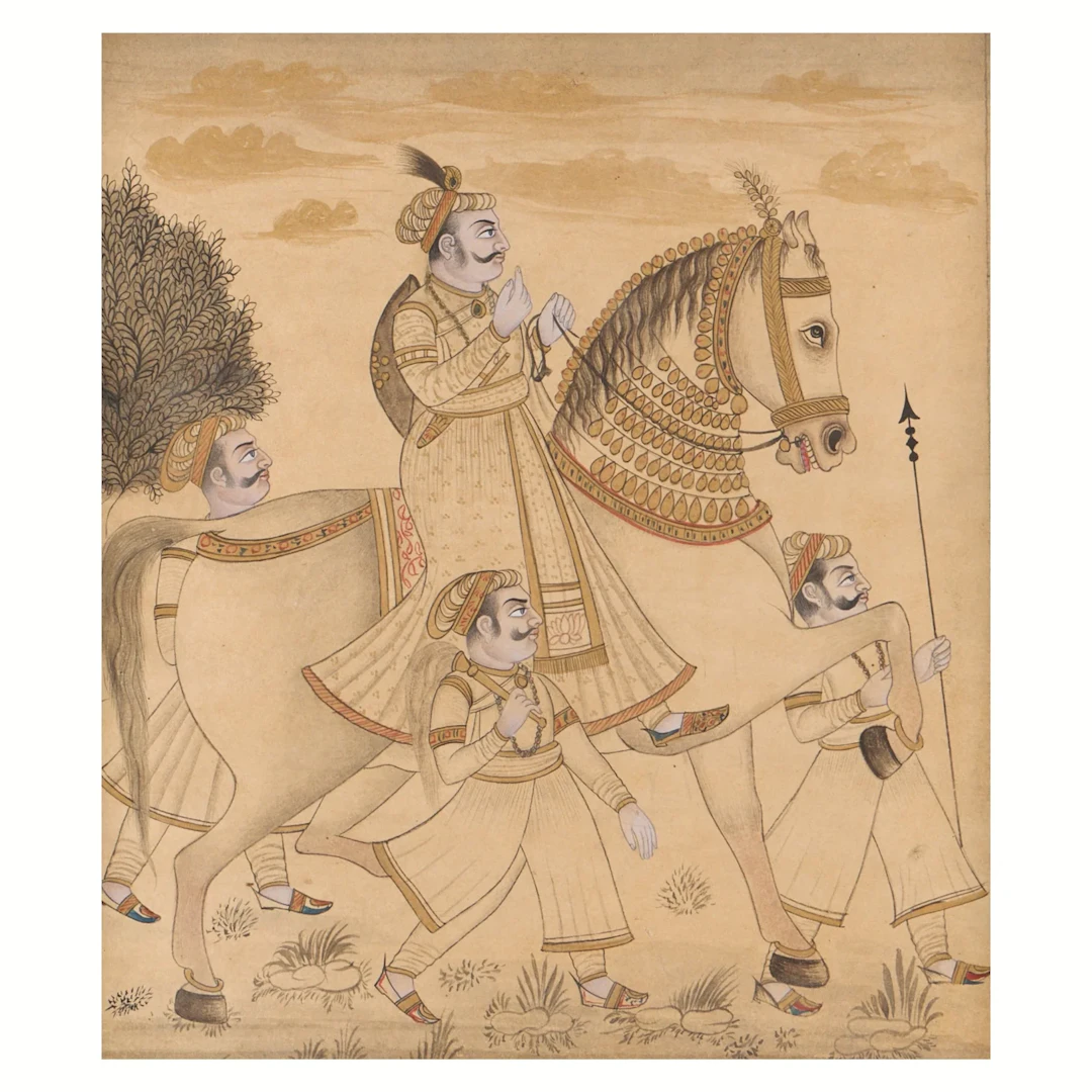 Indian Mughal Miniature Raja on Horseback Painting