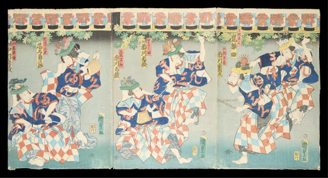 Kunisada II Nishiki-e Triptych of Kabuki Actors