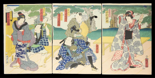 Kunisada II Kabuki Theater Triptych Woodblock