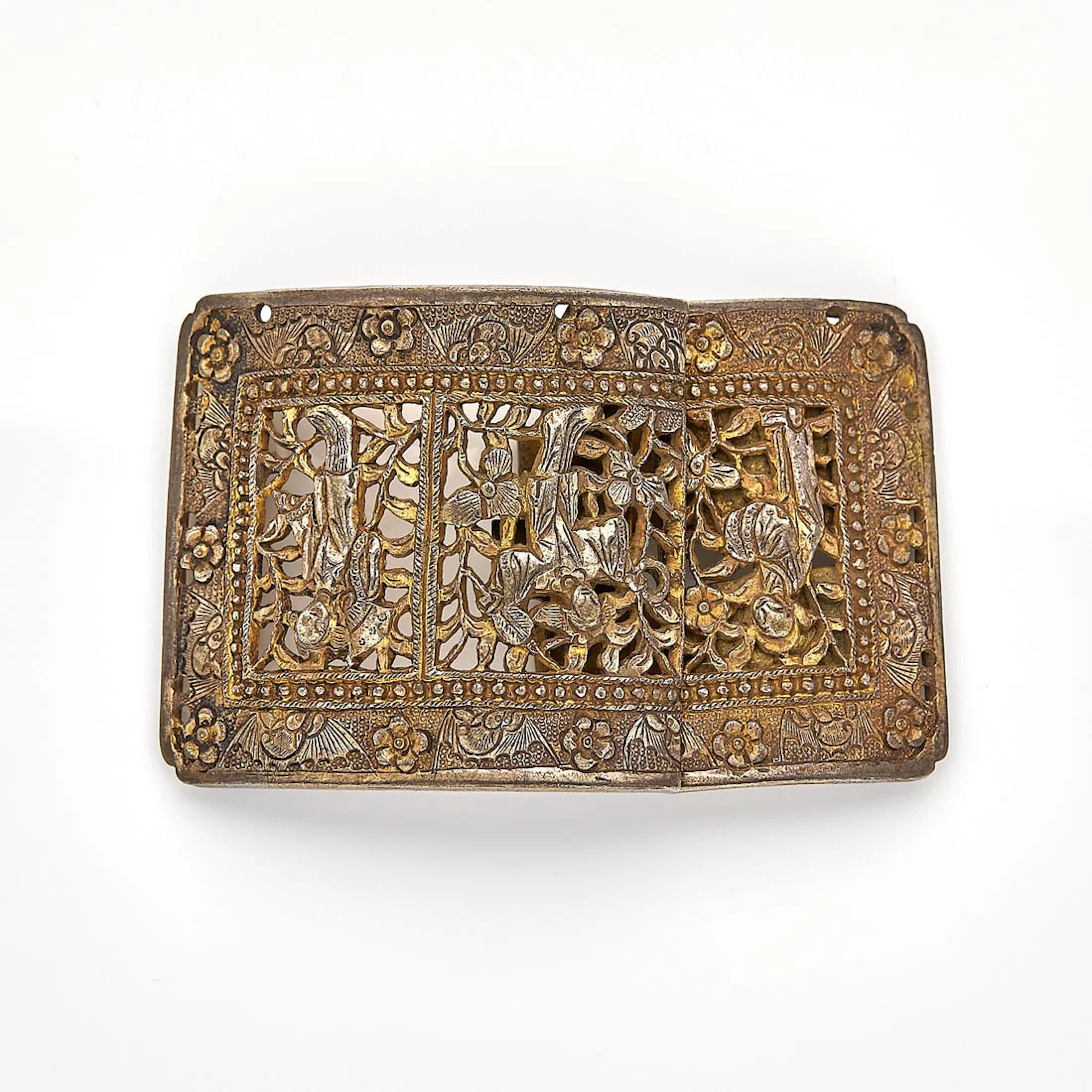 Chinese Gilt Silver Belt Buckle w/ Ladies & Bats