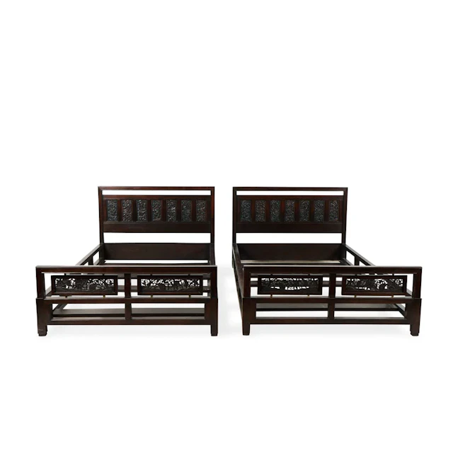 Pr Chinese Carved Hardwood Floral Twin Bed Frames