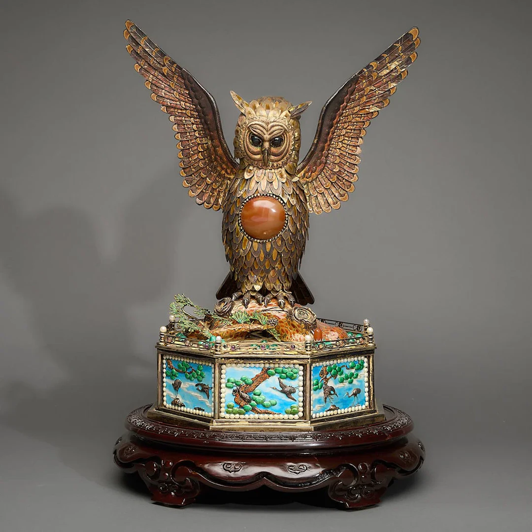 19th c. Chinese Export Owl Automaton Sculpture