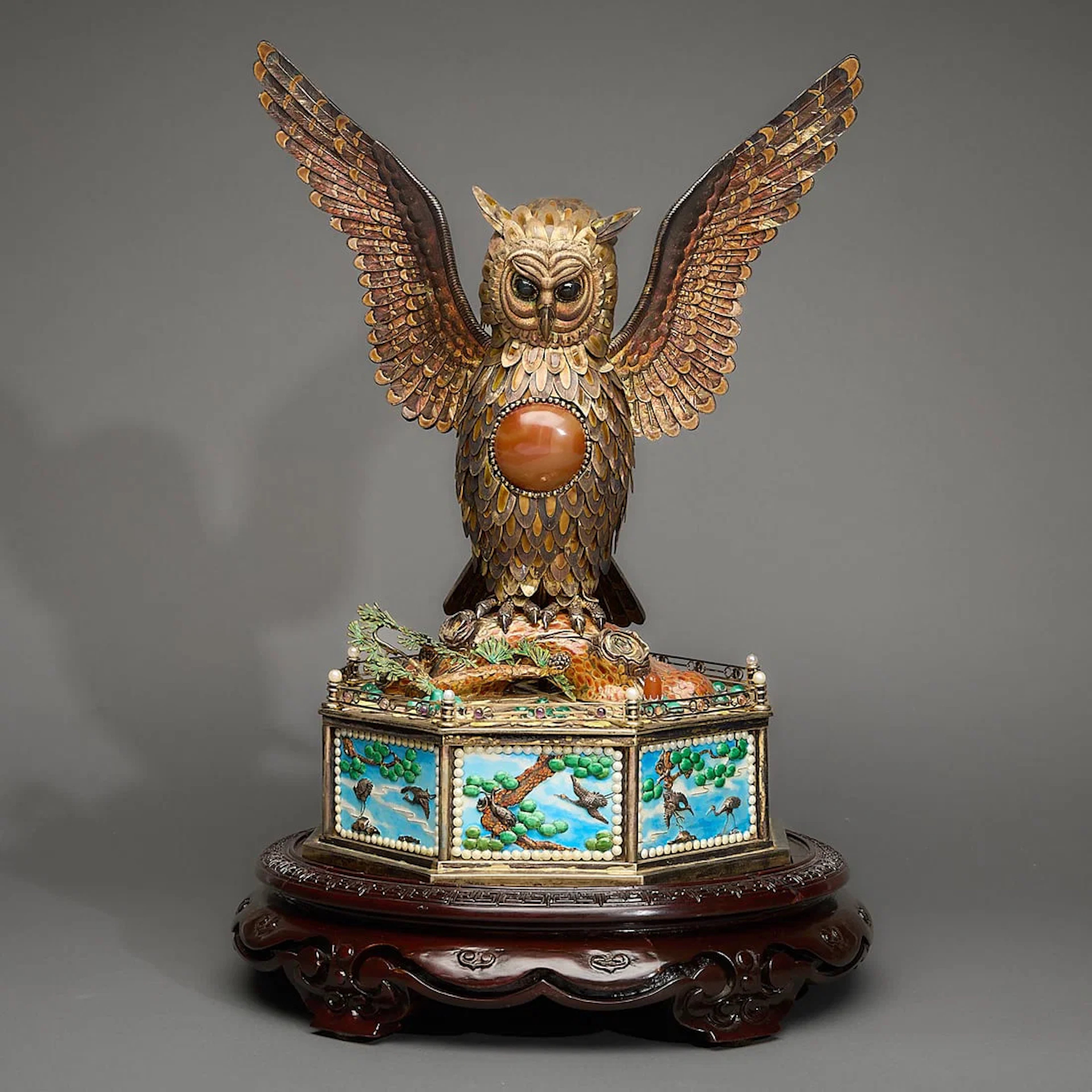 19th c. Chinese Export Owl Automaton Sculpture
