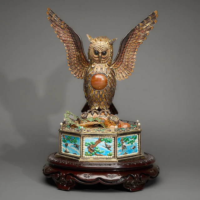19th c. Chinese Export Owl Automaton Sculpture