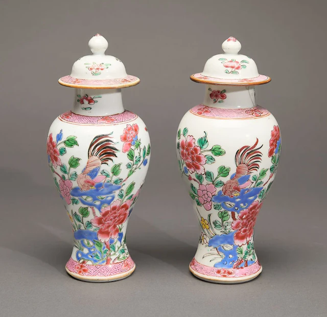 Pair Famille Rose Baluster Vases