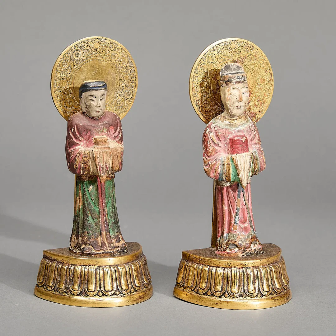 Pr Chinese Qing Wood & Brass Figural Bookends