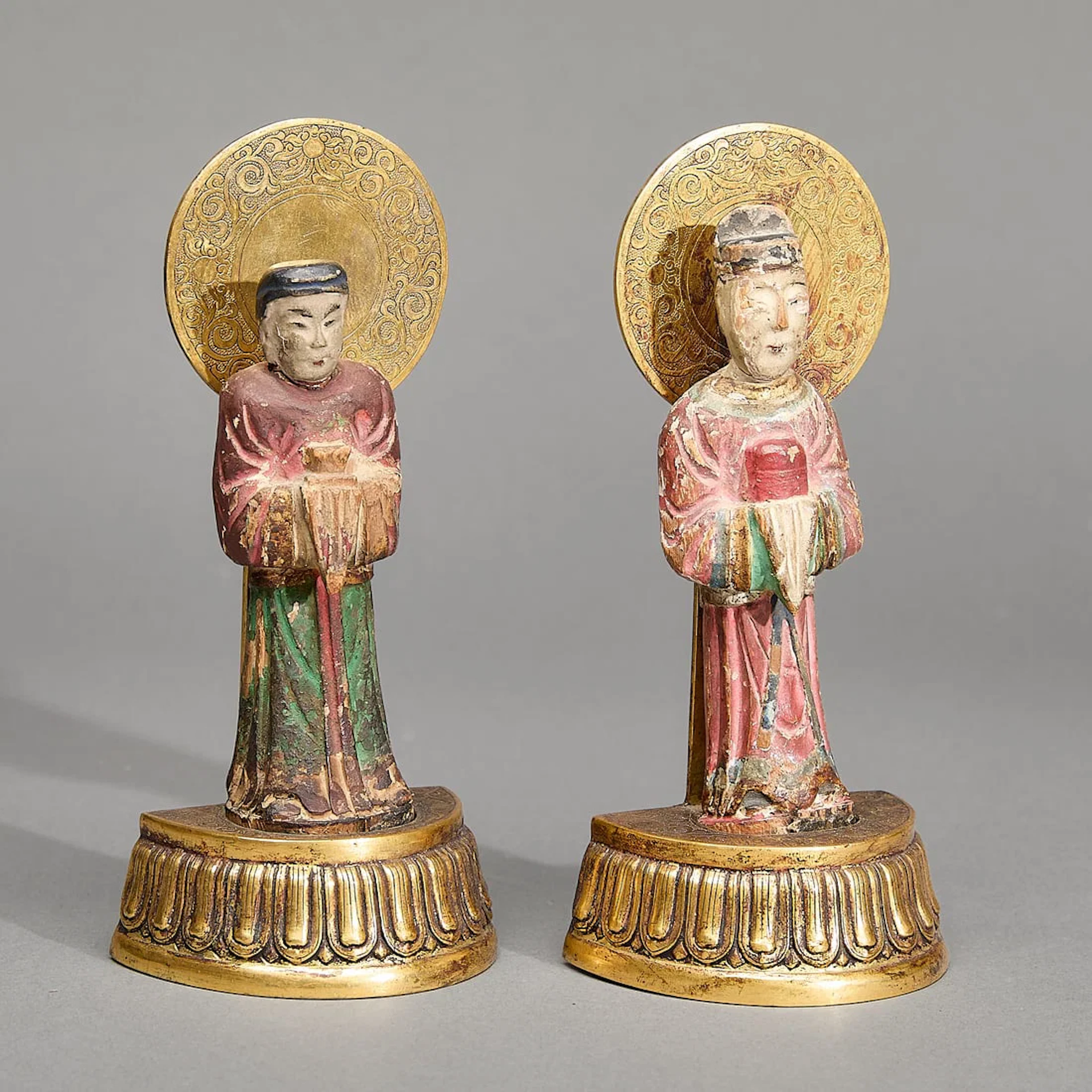 Pr Chinese Qing Wood & Brass Figural Bookends