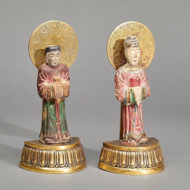 Pr Chinese Qing Wood & Brass Figural Bookends