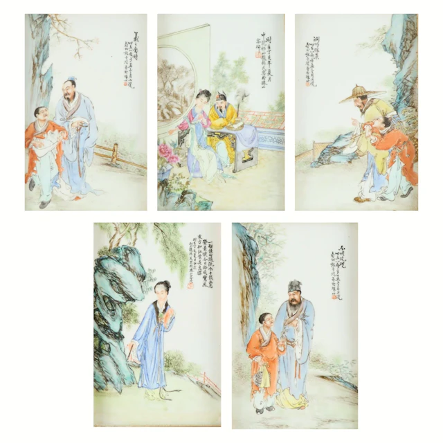 5 Chinese Qing Famille Rose Porcelain Plaques