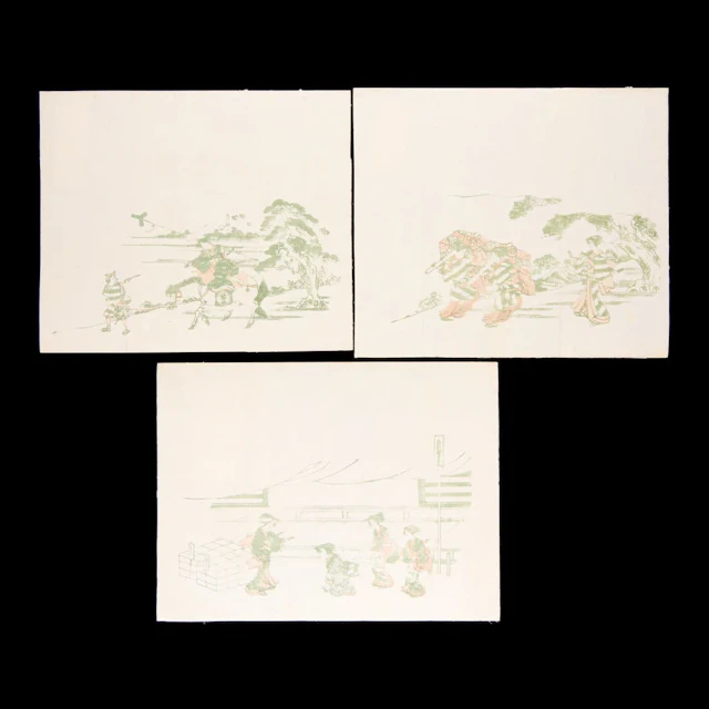 Japanese Benizuri-e Woodblock Parade Triptych