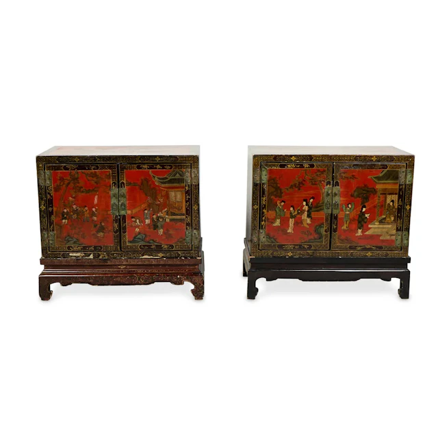Pr Chinese Parcel-Gilt & Red Lacquer Side Cabinets