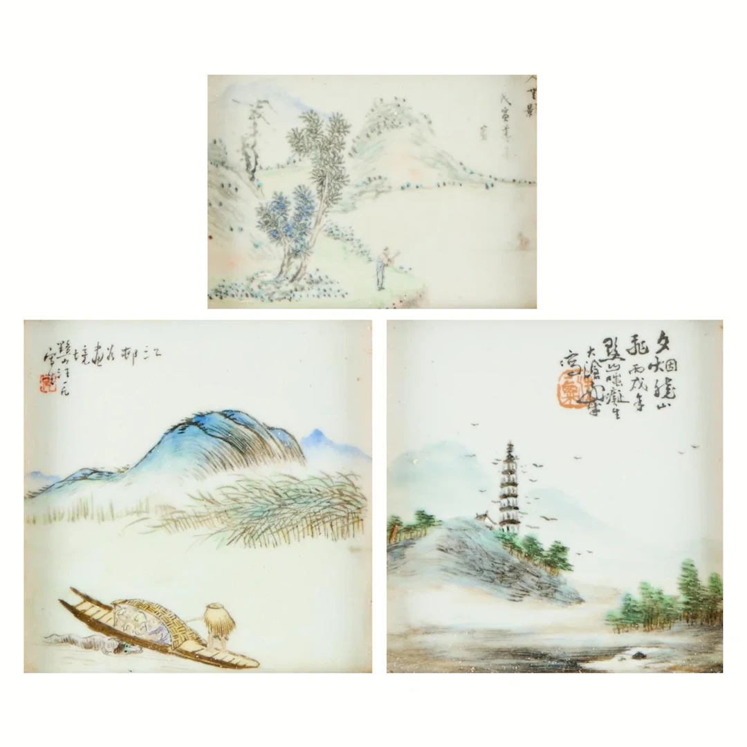 3 Chinese Famille Rose Porcelain Landscape Plaques