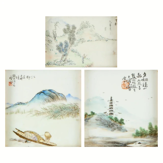 3 Chinese Famille Rose Porcelain Landscape Plaques