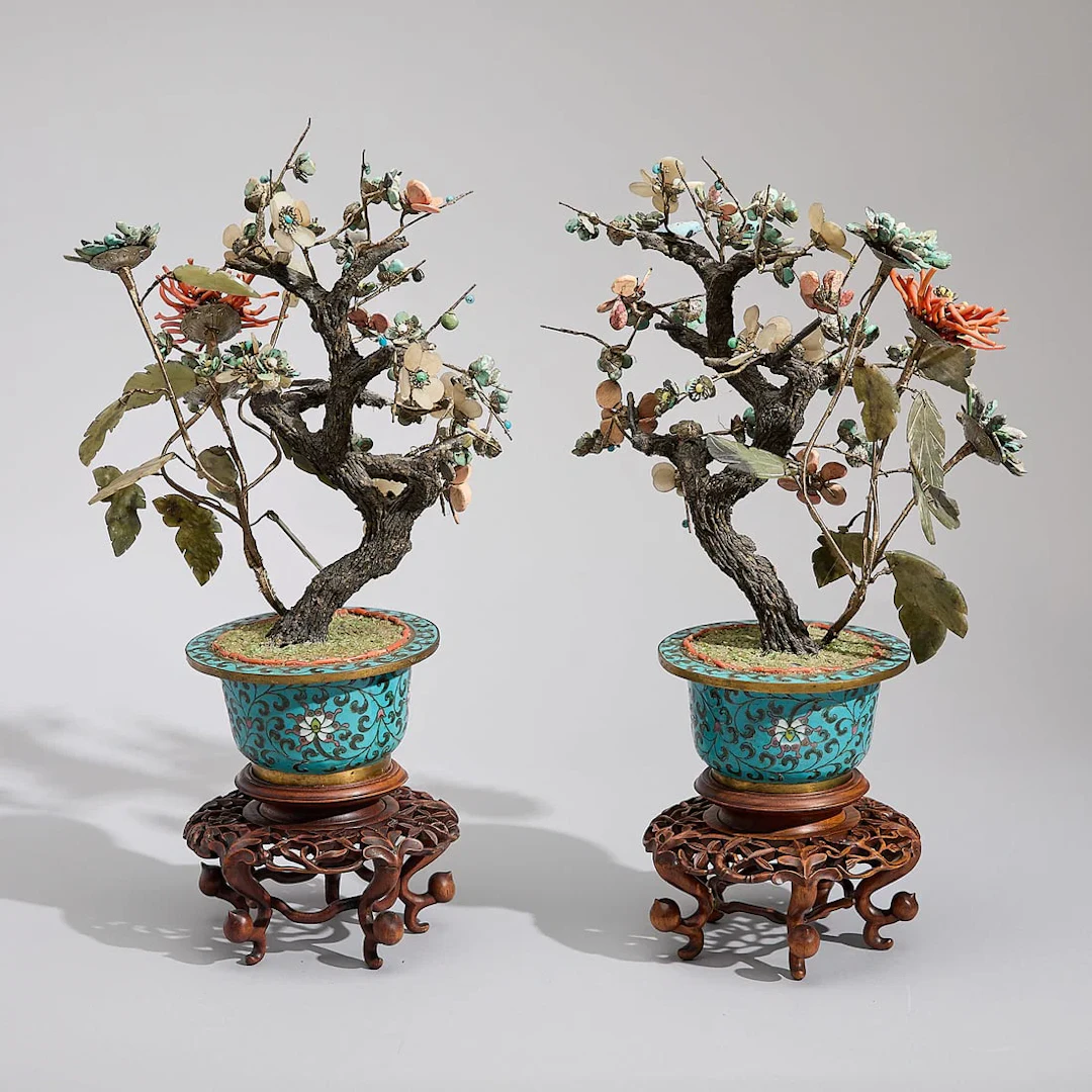 Pr Chinese Jade & Cloisonne Bonsai Tree Models