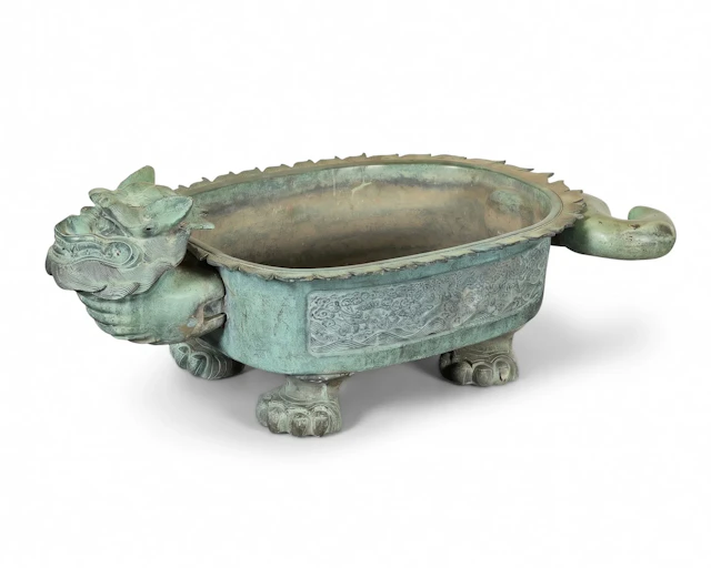 Lrg Chinese Patinated Bronze Mythical Beast Basin
