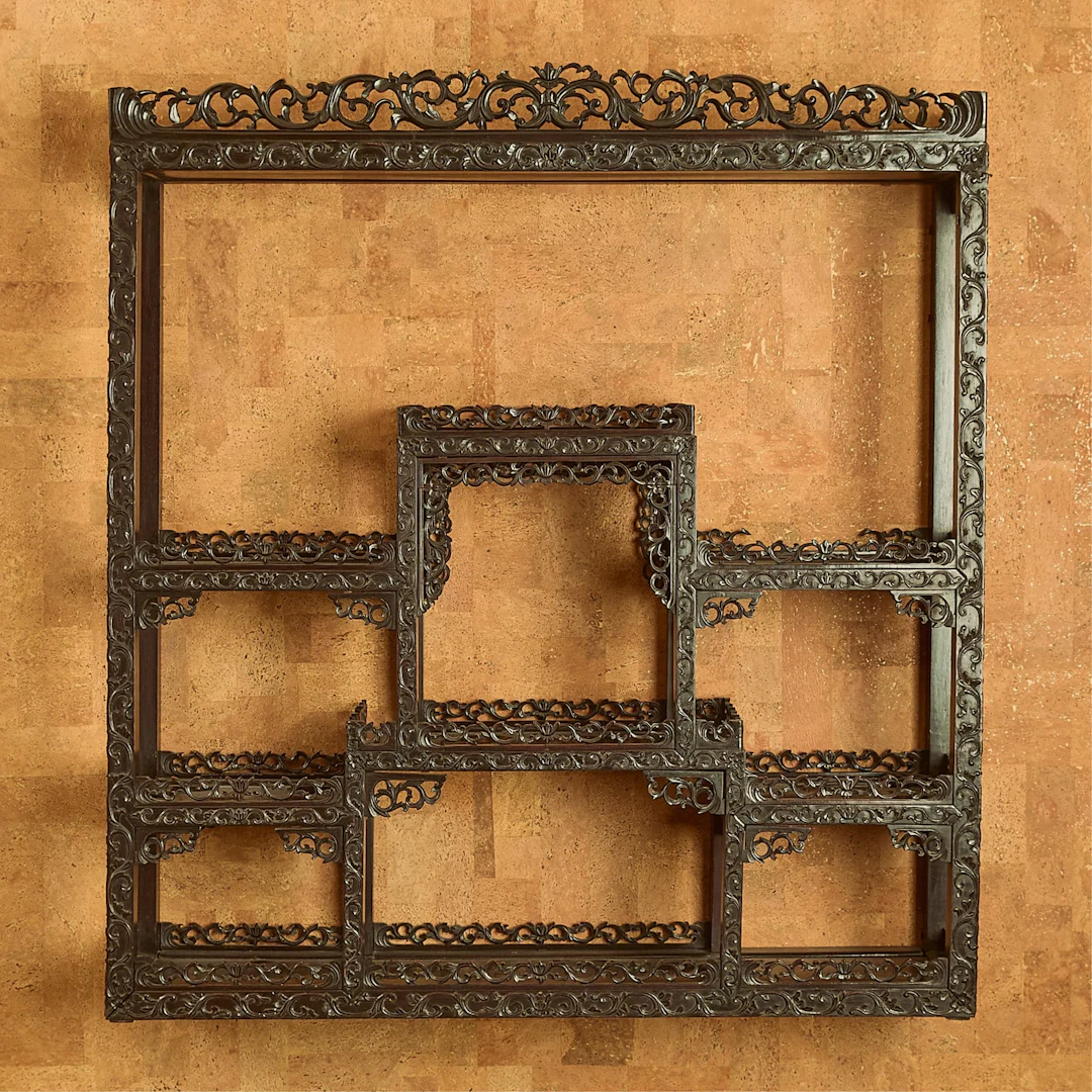 Chinese Carved Hardwood Wall Vitrine Etagere
