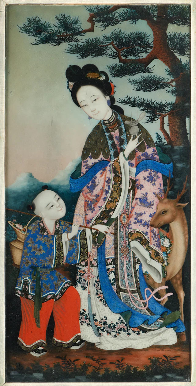 Lrg Chinese Qing Figural Reverse Glass Painting