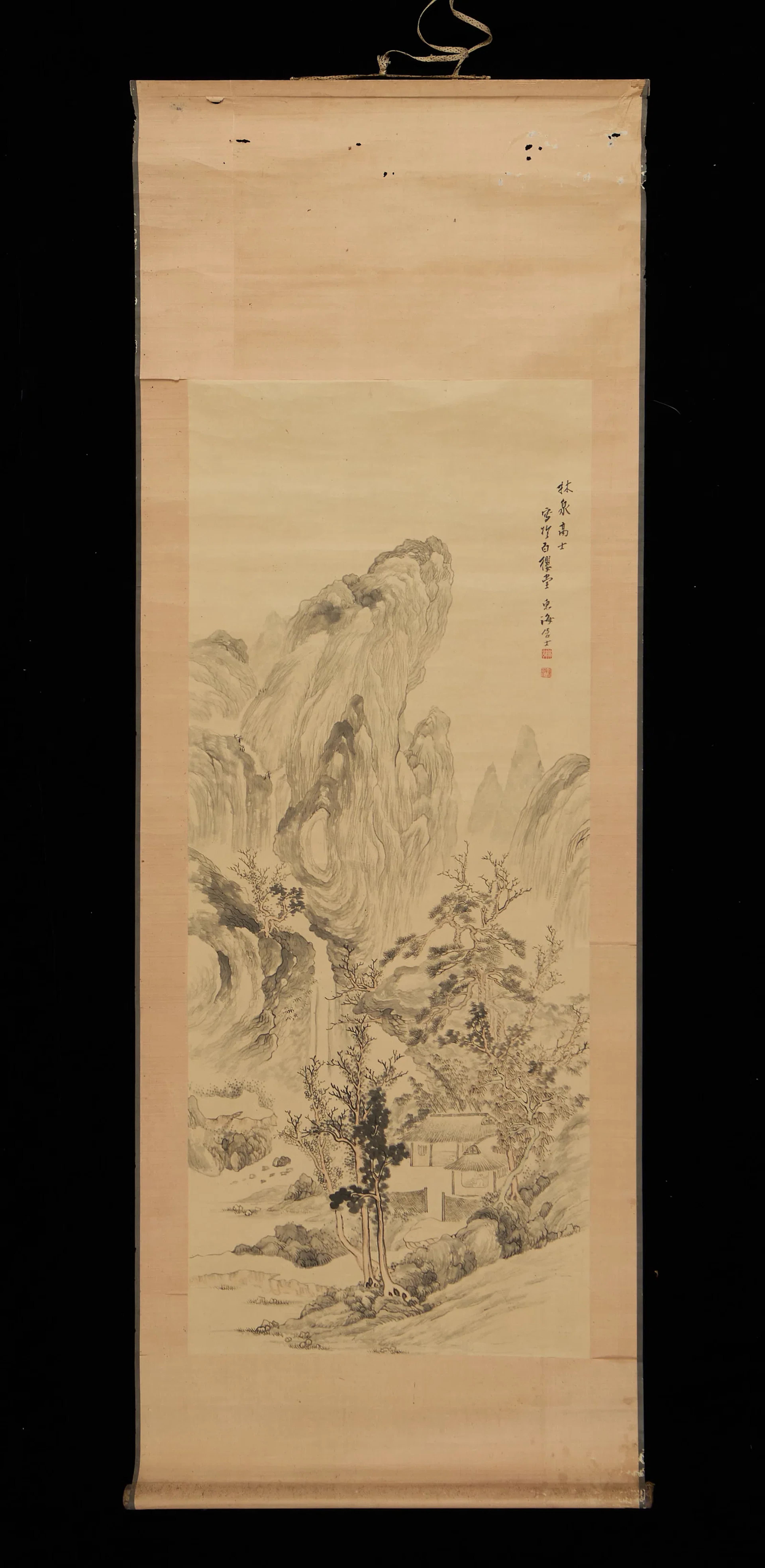 Chinese Qing Scholar & Mountains Scroll Painting