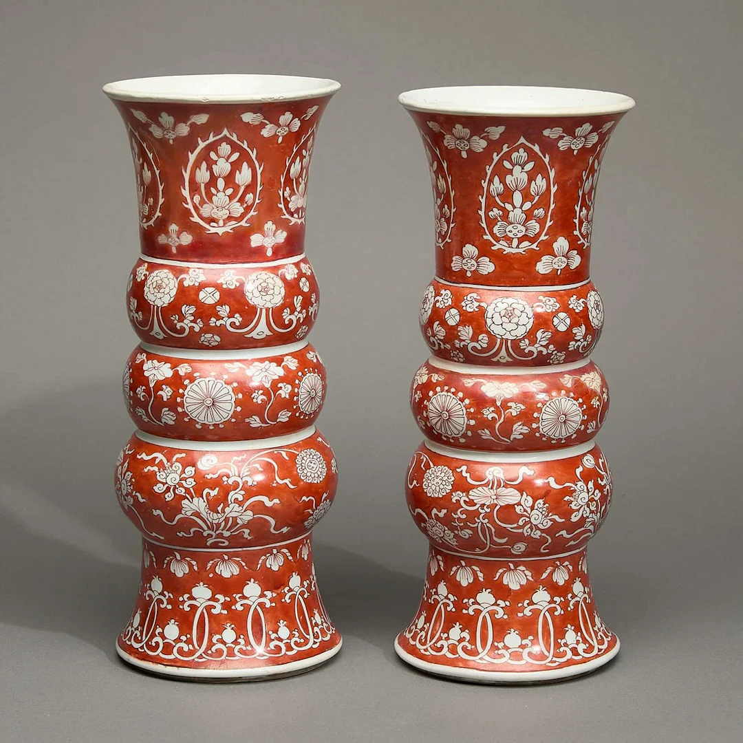 Pair Iron-Red Triple-Gourd Beaker Vases