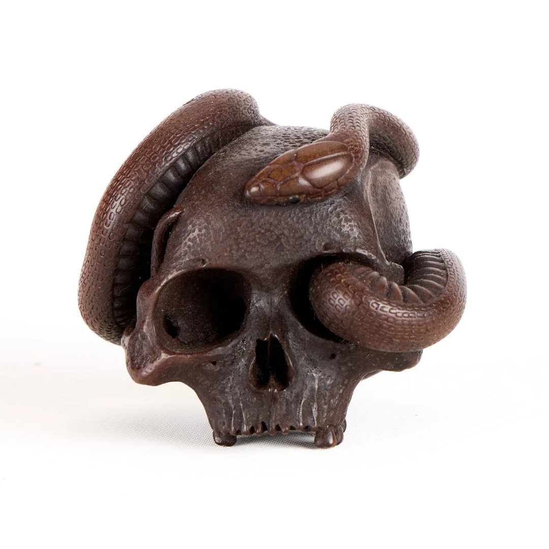 Japanese Carved Wood "Skull & Snake" Netsuke