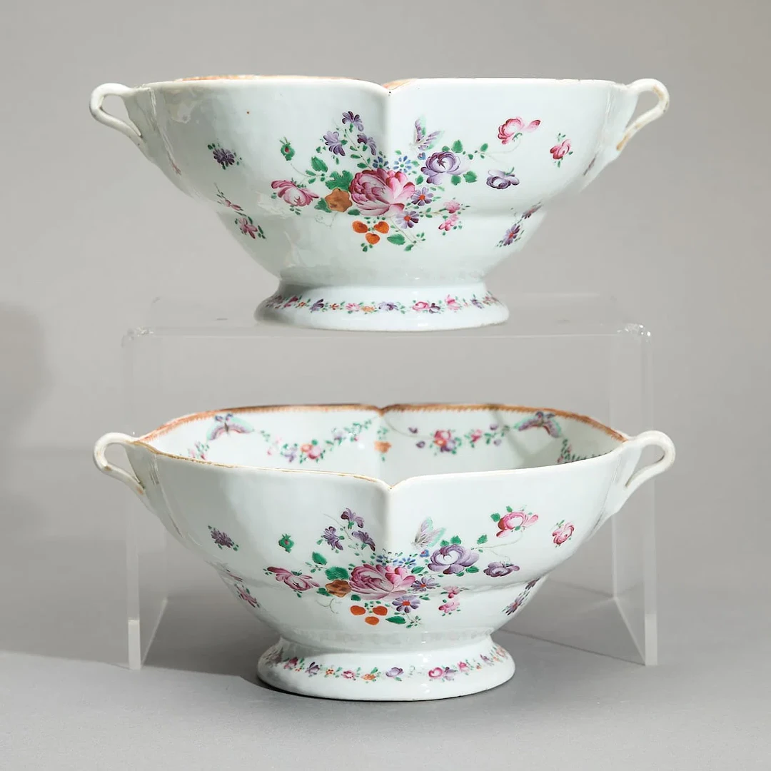 Pair Tea Tester Famille Rose Handled Footed Bowls