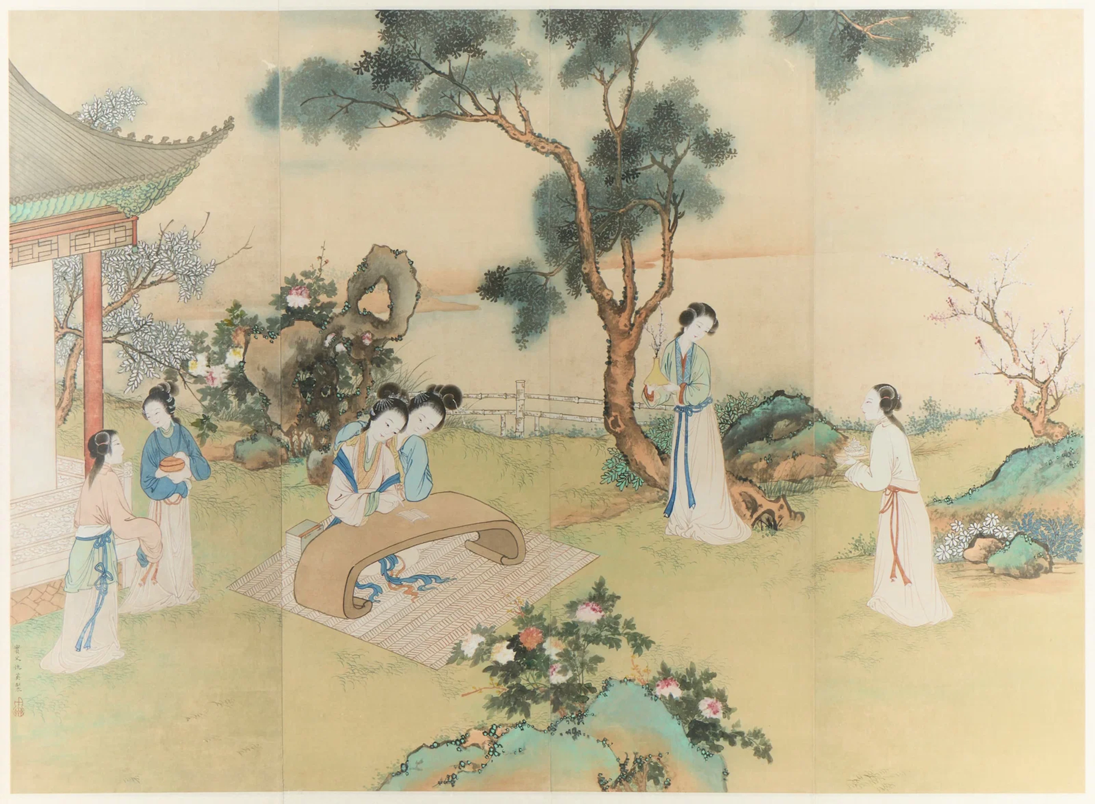 Qiu Ying Chinese Four-Panel Ladies Scroll Painting