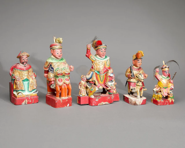 5 Chinese Carved Polychrome Wood Figures