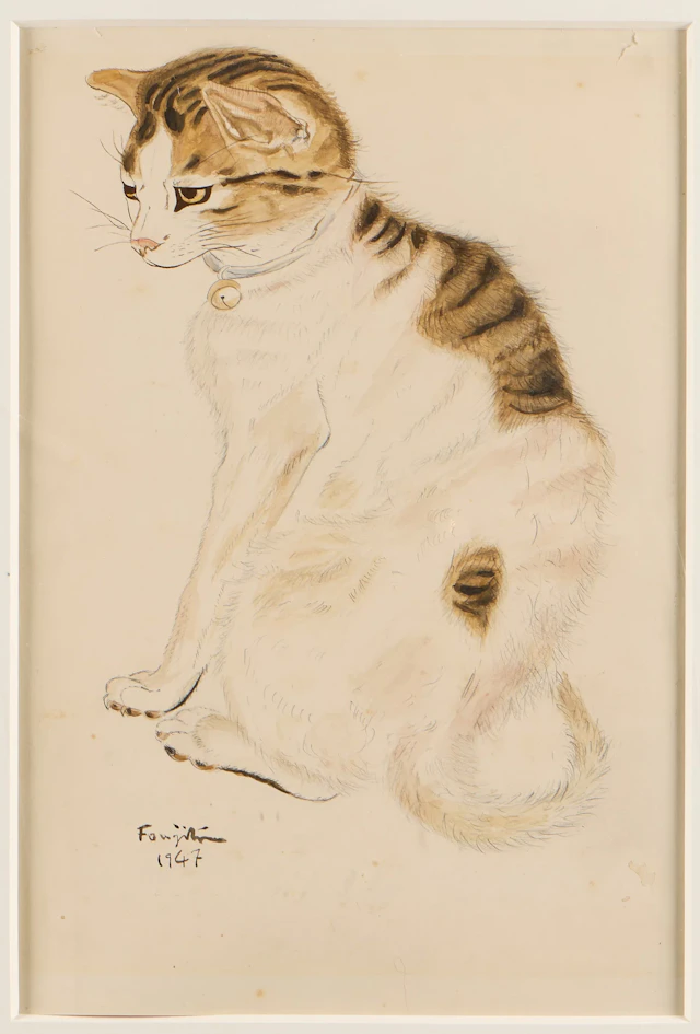 Style of Leonard Foujita Cat Watercolor Painting