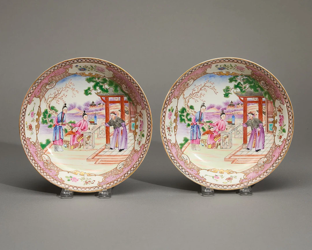 Pair Export Mandarin Palette Deep Saucer Dishes
