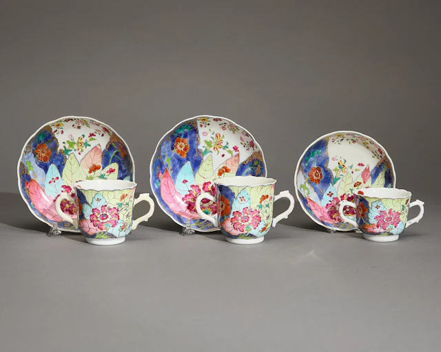 Set 3 Tobacco Leaf 2-Handled Cups w/ Saucers