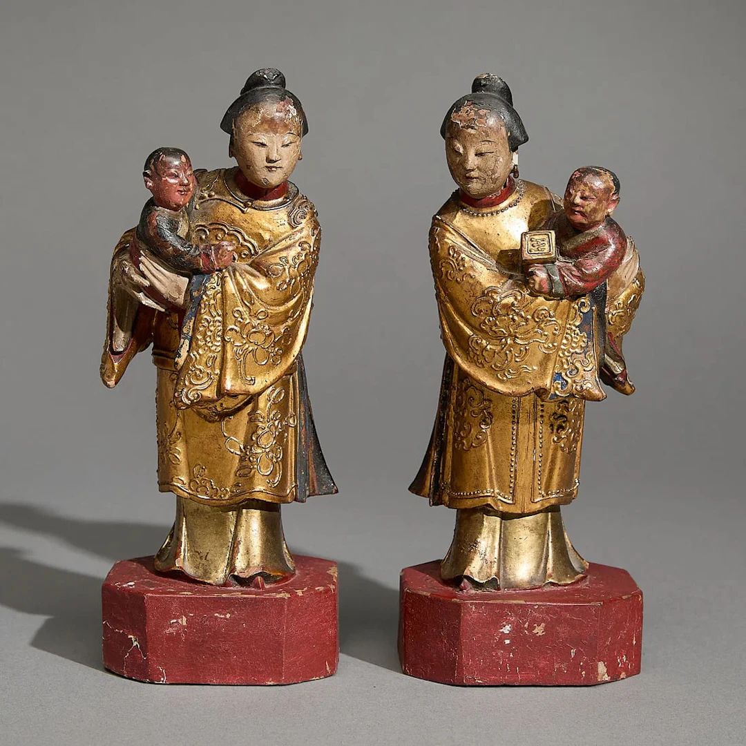 Pr Chinese Qing Wooden Female Shrine Statuettes
