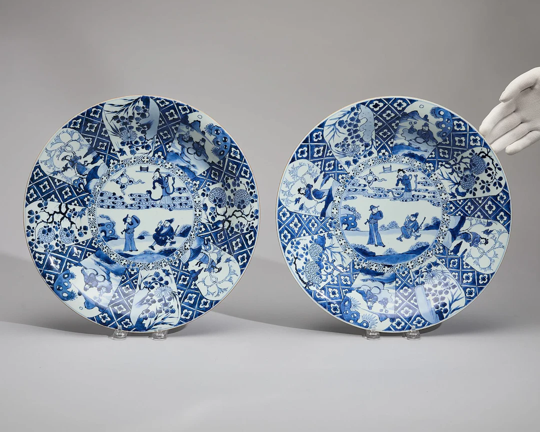 Large Pair Blue & White Paneled Dishes