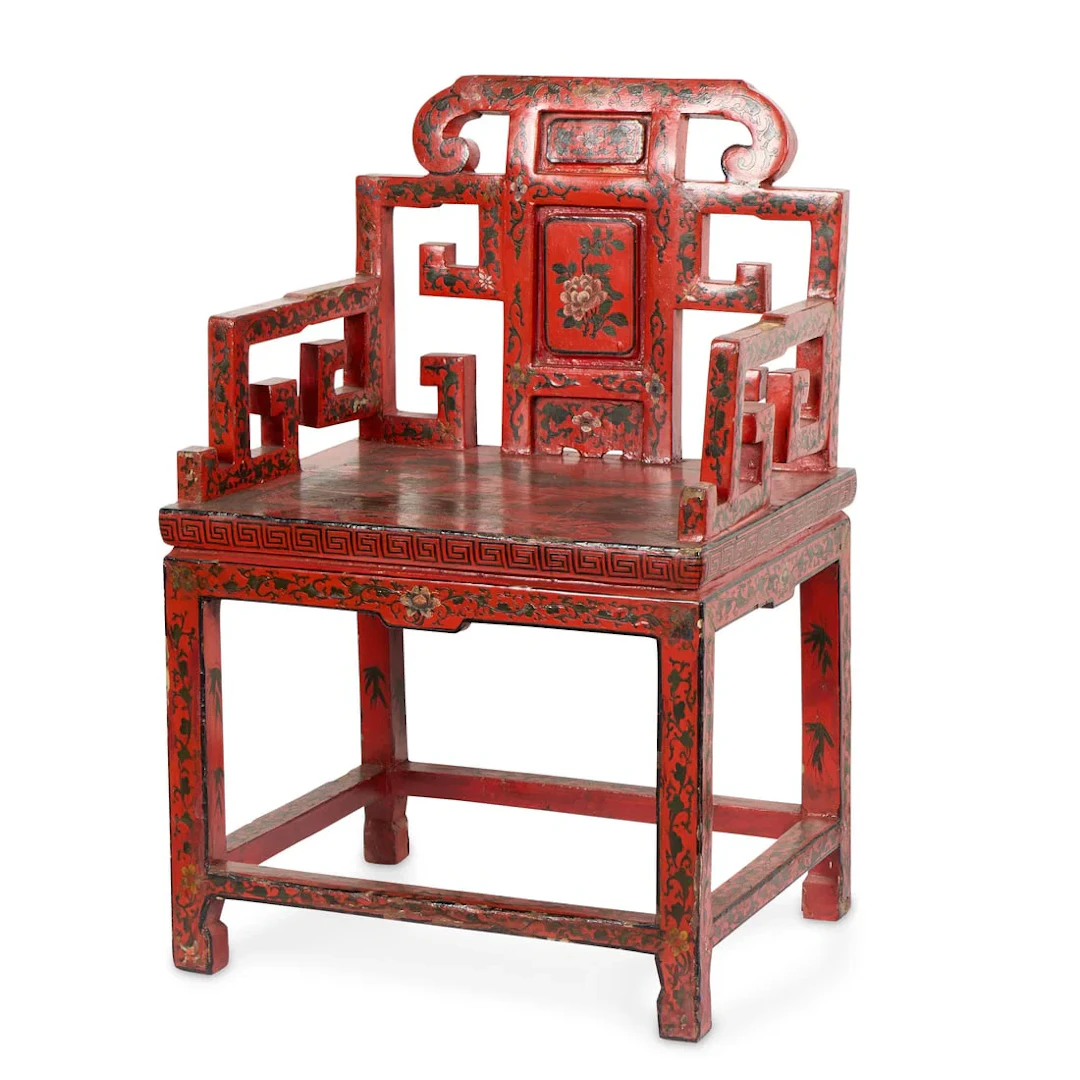 Chinese Red Lacquered Floral & Landscape Armchair