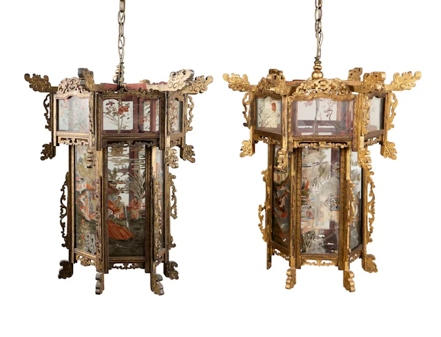Pr Chinese Carved Giltwood Reverse-Painted Lights
