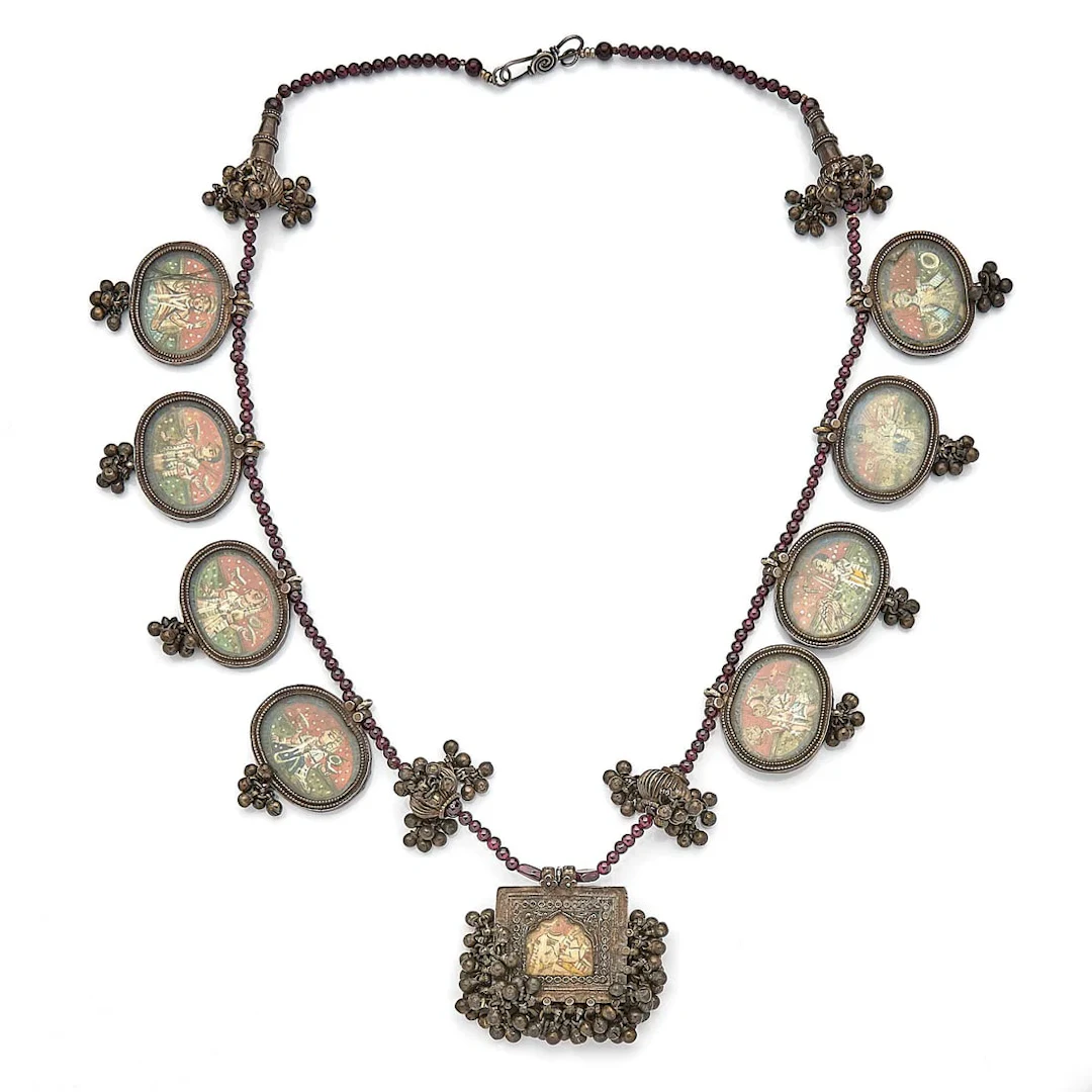 19th c. Hindu Silver & Glass Pilgrim's Necklace