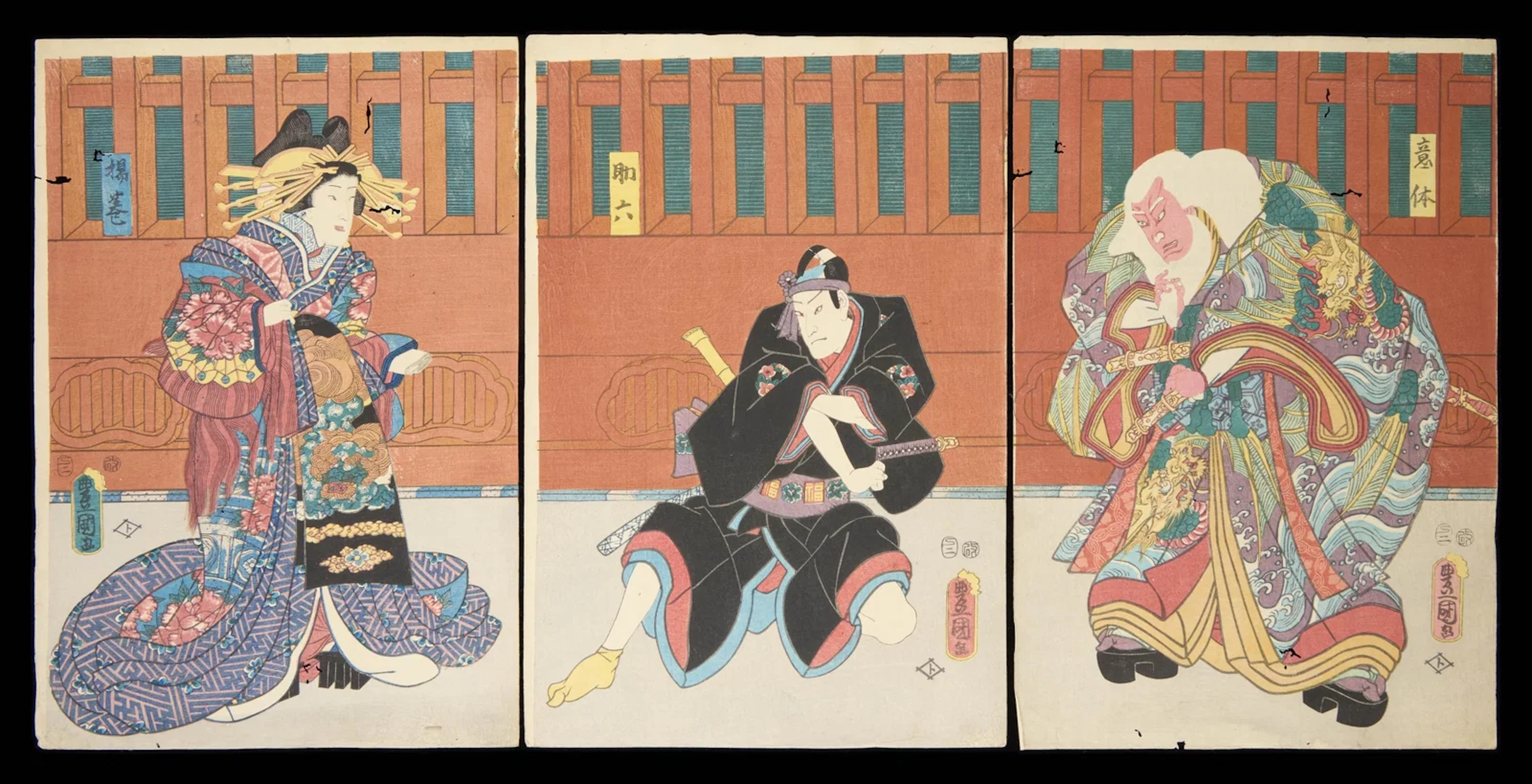 Kunisada/Toyokuni III Kabuki Scene Triptych Print