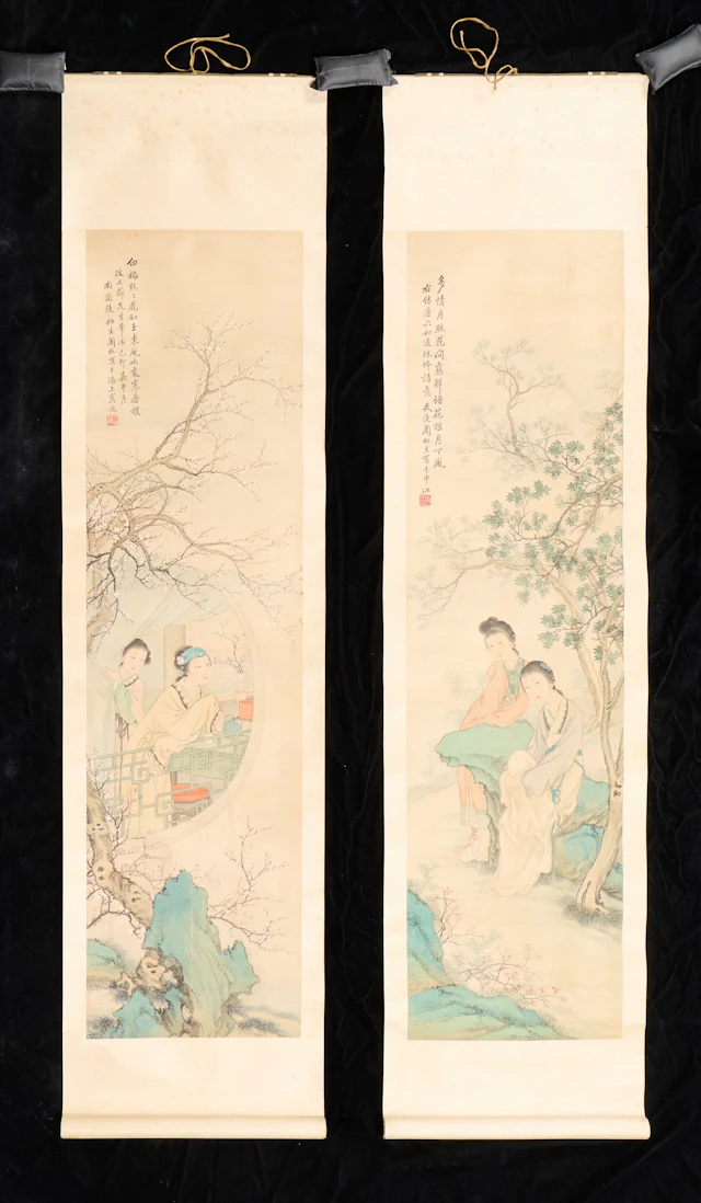 2 Chinese Shinu Tu Court Ladies Scroll Paintings
