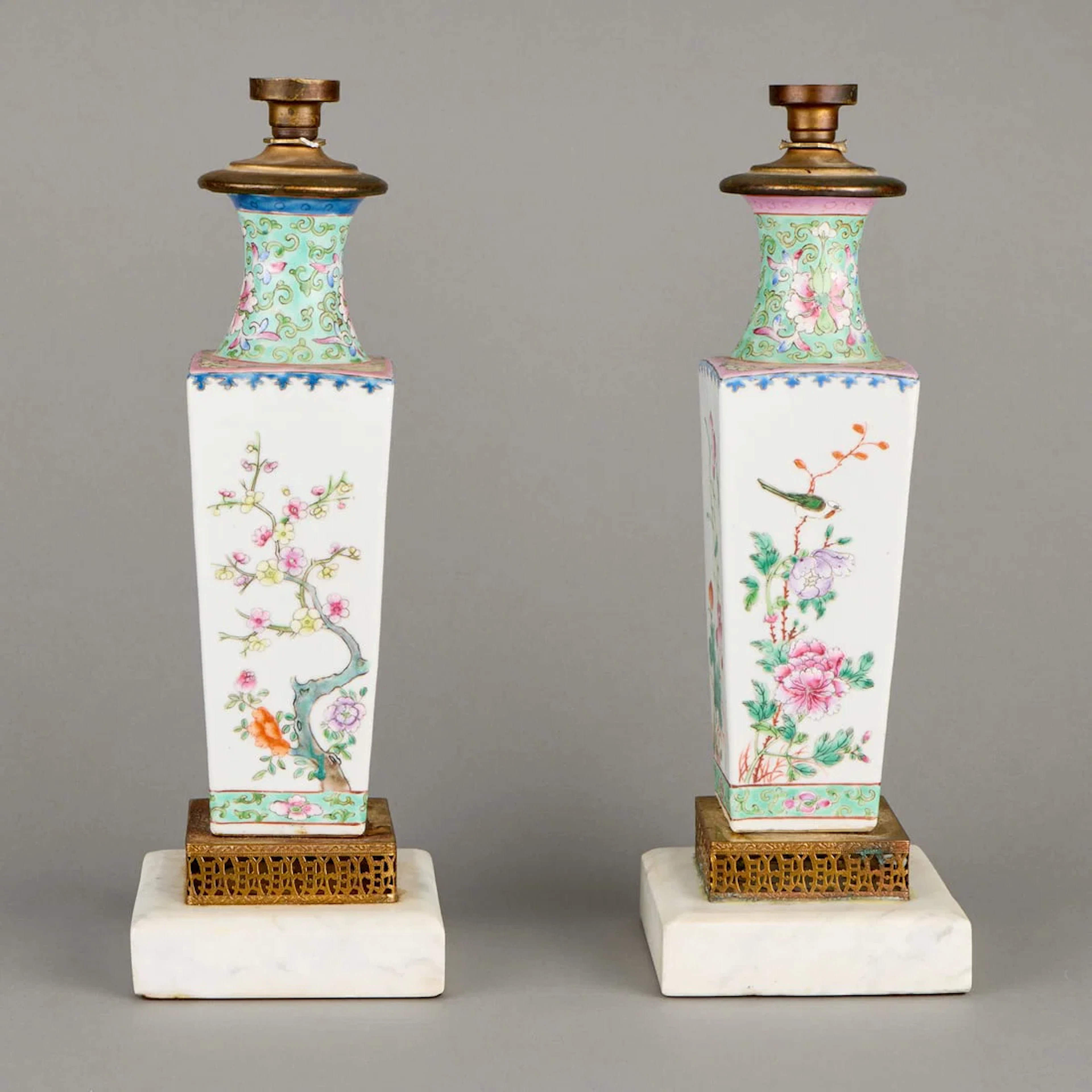 Pr Chinese PRC Famille Rose Porcelain Vase Lamps