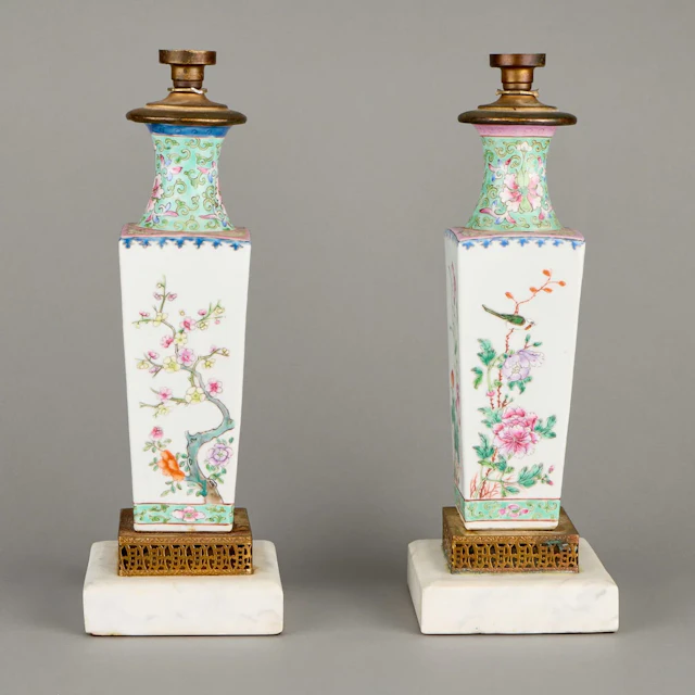 Pr Chinese PRC Famille Rose Porcelain Vase Lamps