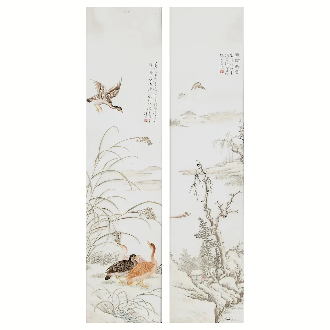 2 He Xuren Chinese Famille Rose Porcelain Plaques