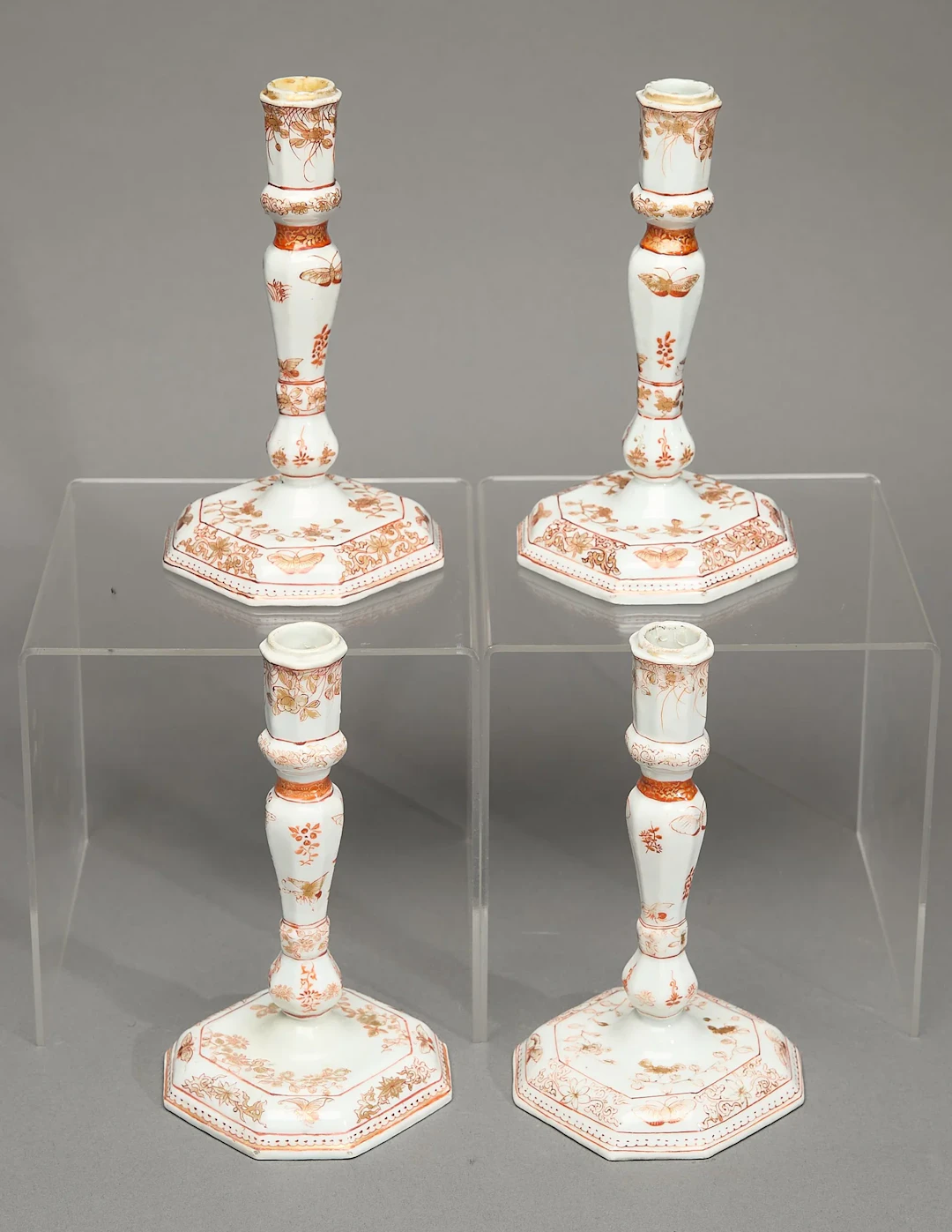 Rare Set 4 Iron-Red & Gilt Candlesticks