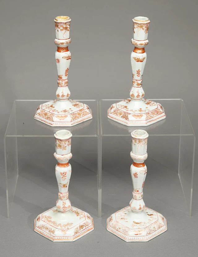 Rare Set 4 Iron-Red & Gilt Candlesticks