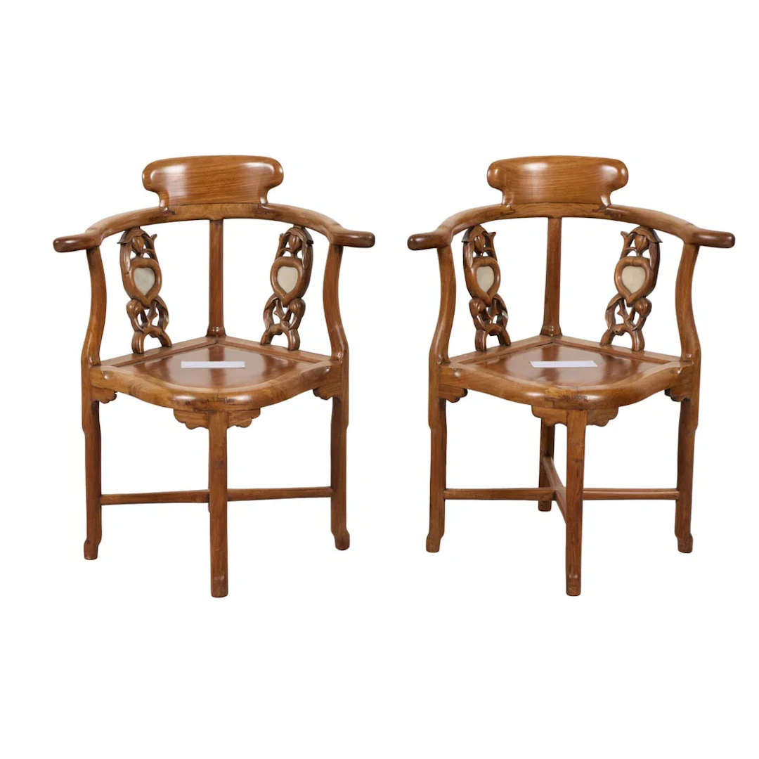 Pr Chinese Qing Huanghuali Corner Chairs w/ Marble