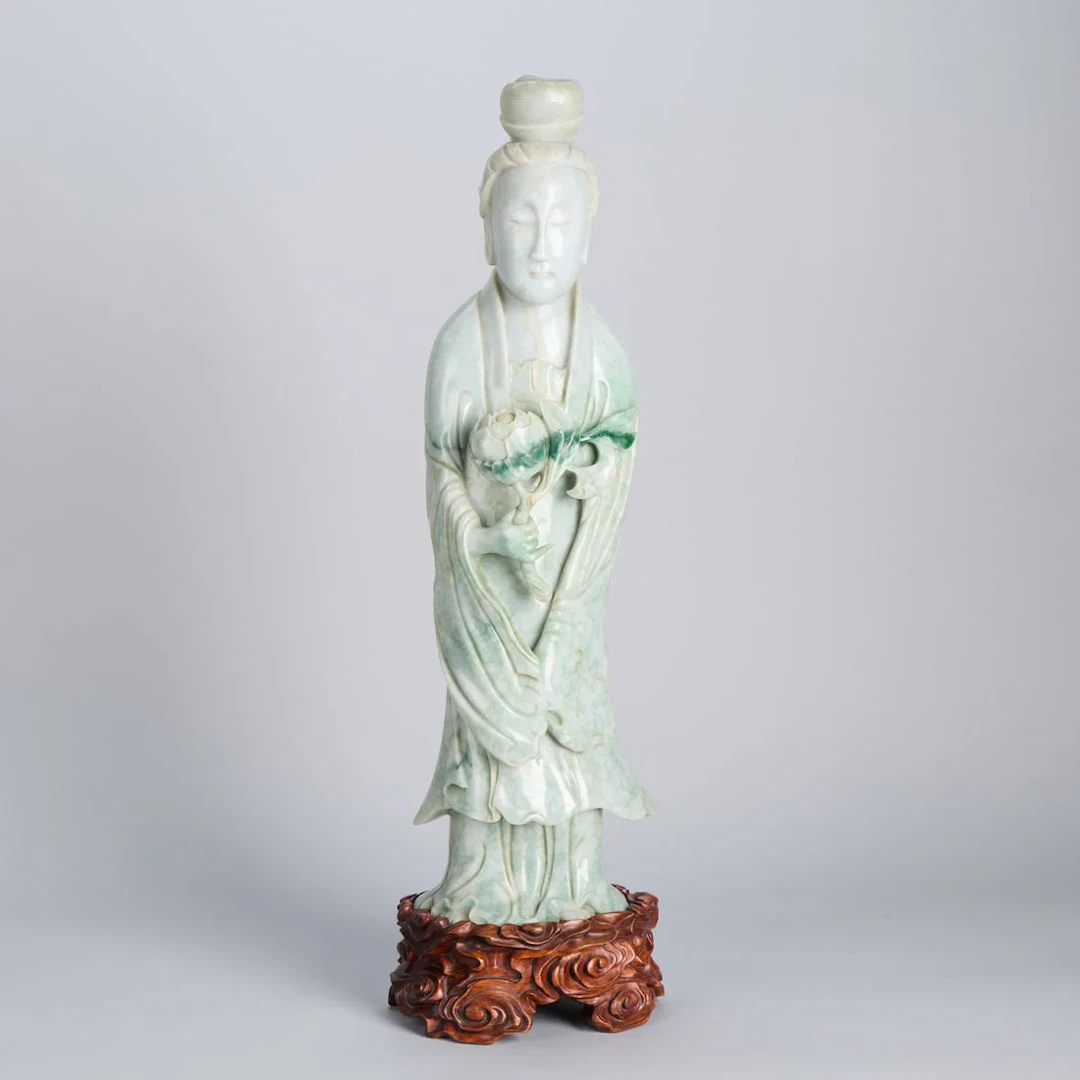 Lrg Chinese Qing Pale Jadeite Guanyin Figure