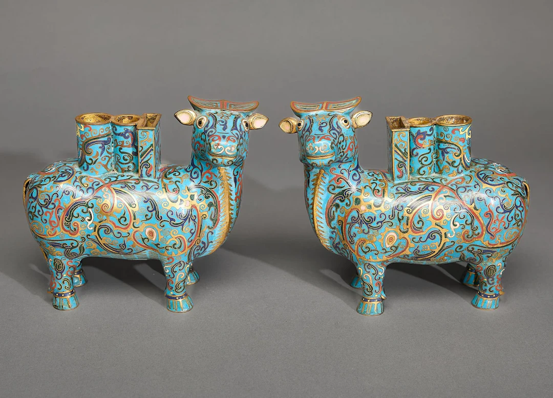 Pr Chinese Cloisonne Bovine Ox Incense Holders