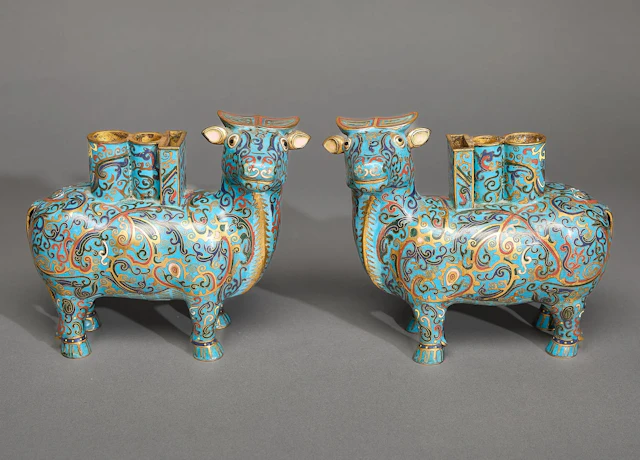 Pr Chinese Cloisonne Bovine Ox Incense Holders