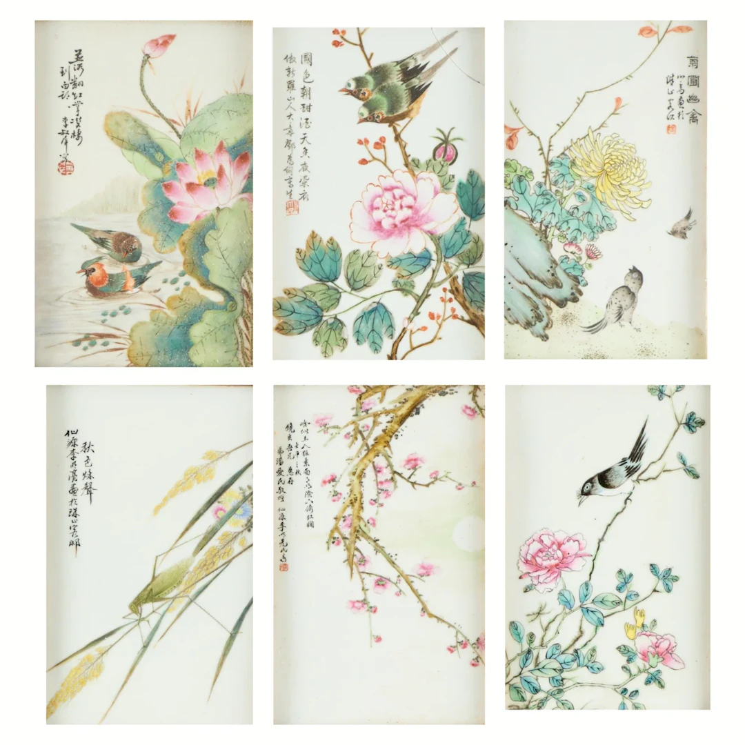 6 Chinese Famille Rose Porcelain Flower & Bird Plaques