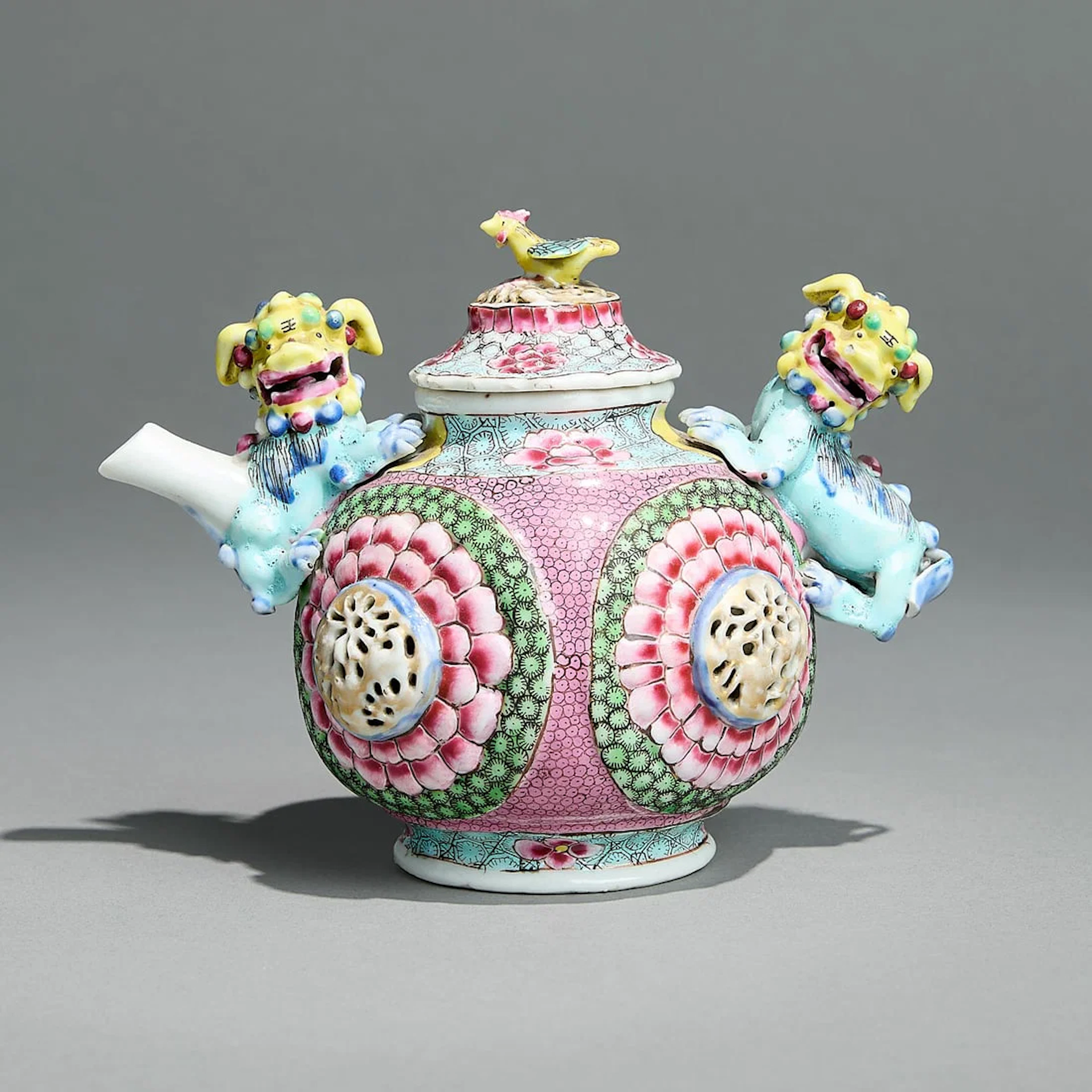 Famille Rose Buddhist Lion Teapot