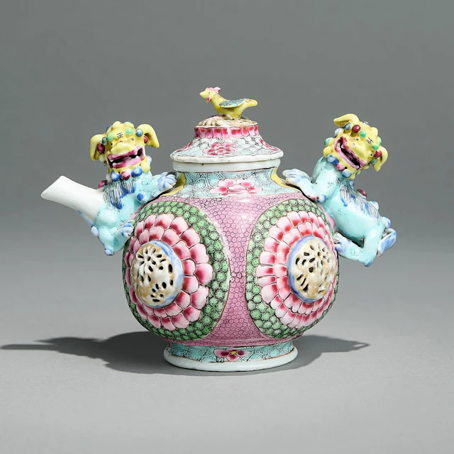 Famille Rose Buddhist Lion Teapot